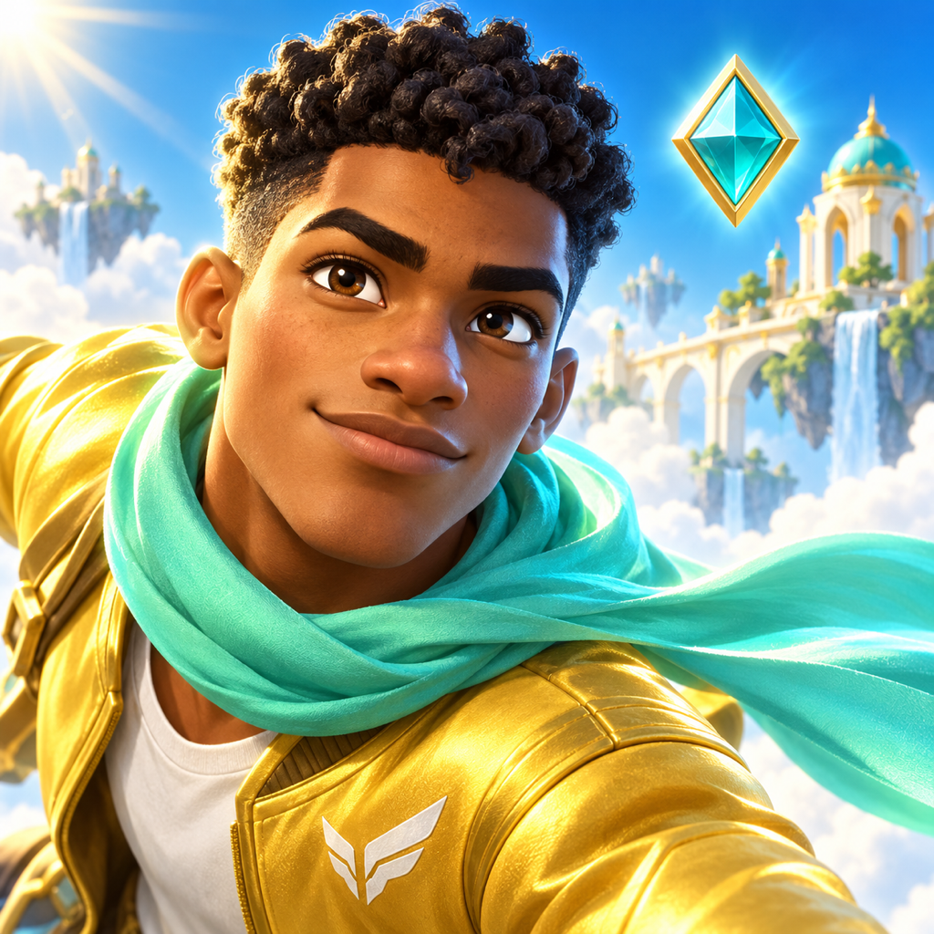 Skystride app icon: Ryder above a city in the clouds